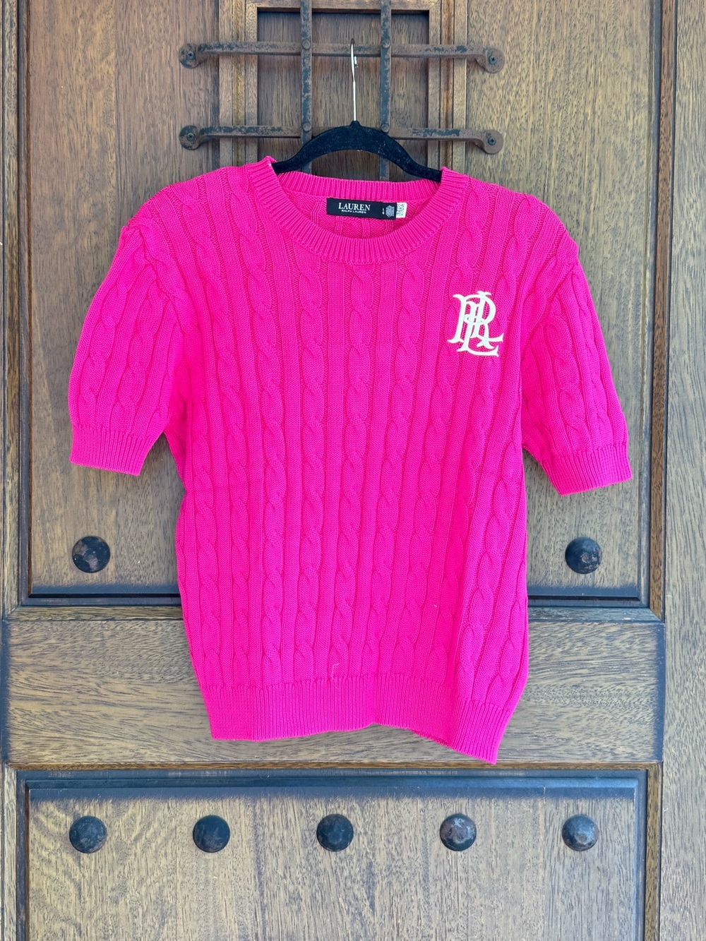 Ralph Lauren Bright Pink Cable-Knit Short Sleeve Sweater Size L